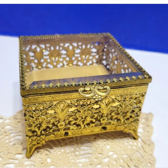 Antique Gold Ormolu Jewelry Box Square Footed with Glass Lid - Picture 1 of 8